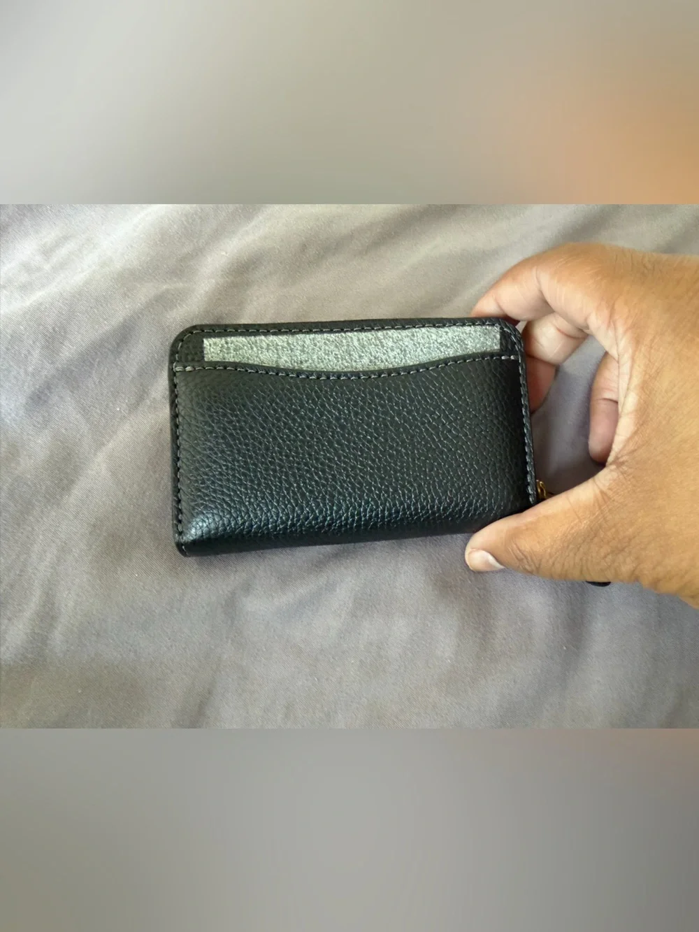 COACH- Black Leather Zip Card Wallet with Gold Accent